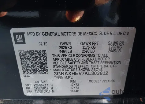 2019 Chevrolet Equinox Ls z USA, uszkodzony, nr VIN 3GNAXHEV7KL303812